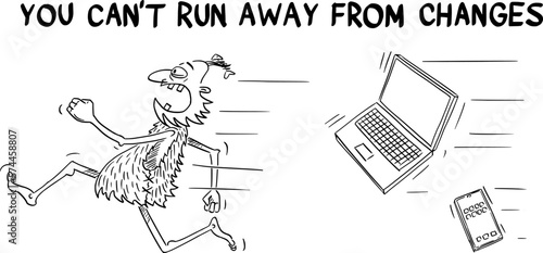 Business or Political Cartoon About Caveman and Computer Technology, Vector Illustration