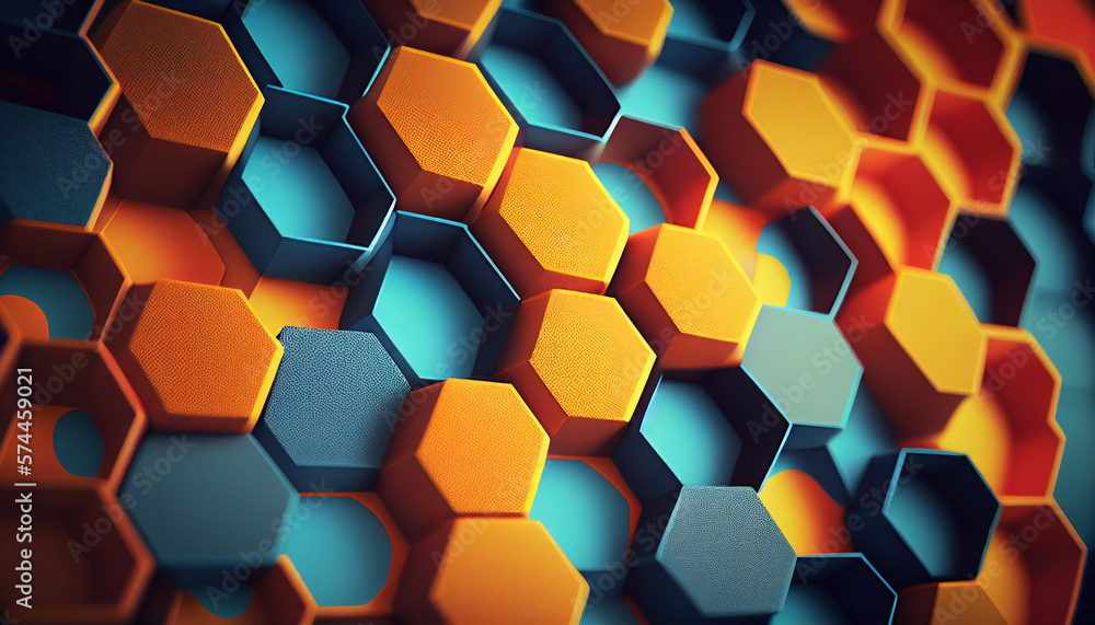 Blue and orange angled abstract background with hexagons created with generative AI technology Blue and orange angled abstract background with hexagons created with generative AI technology