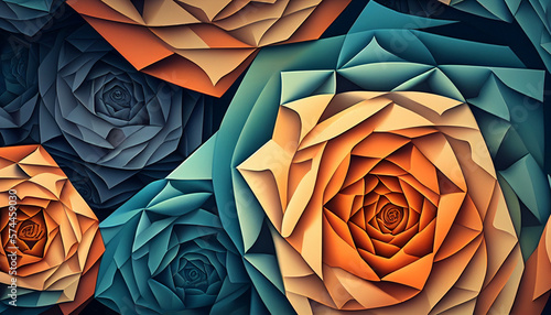 Blue and orange abstract background with a stack of roses created with generative AI technology (ID: 574459030)