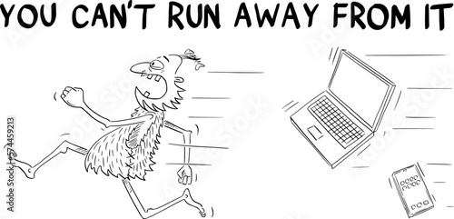 Business or Political Cartoon About Caveman and Computer Technology, Vector Illustration