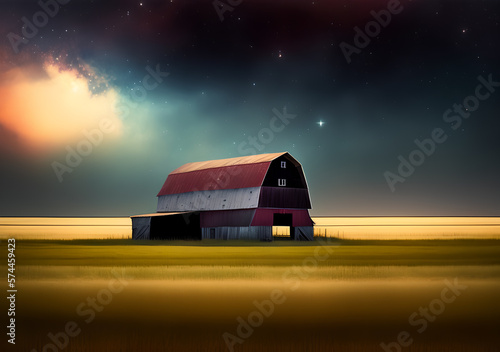 Old barn on the farm in the night. Generative Al Illustration.