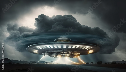 Flying saucer flies over highways and in the desert. Invasion of extraterrestrial intelligence on an intergalactic ship. Alien abduction. Created with Generative AI. photo