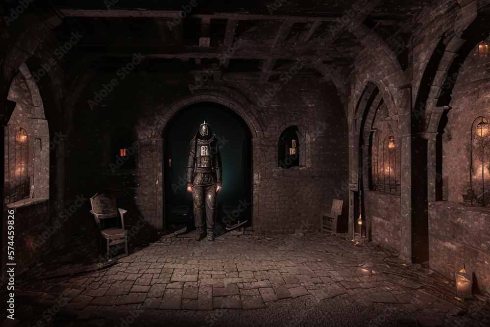 Haunted Old Abandoned Medieval Dungeon With Creepy Dungeonmaster at Night. Generative AI.