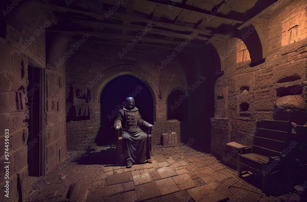 Haunted Old Abandoned Medieval Dungeon With Creepy Dungeonmaster at Night. Generative AI.