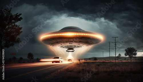 Flying saucer flies over highways and in the desert. Invasion of extraterrestrial intelligence on an intergalactic ship. Alien abduction. Created with Generative AI.