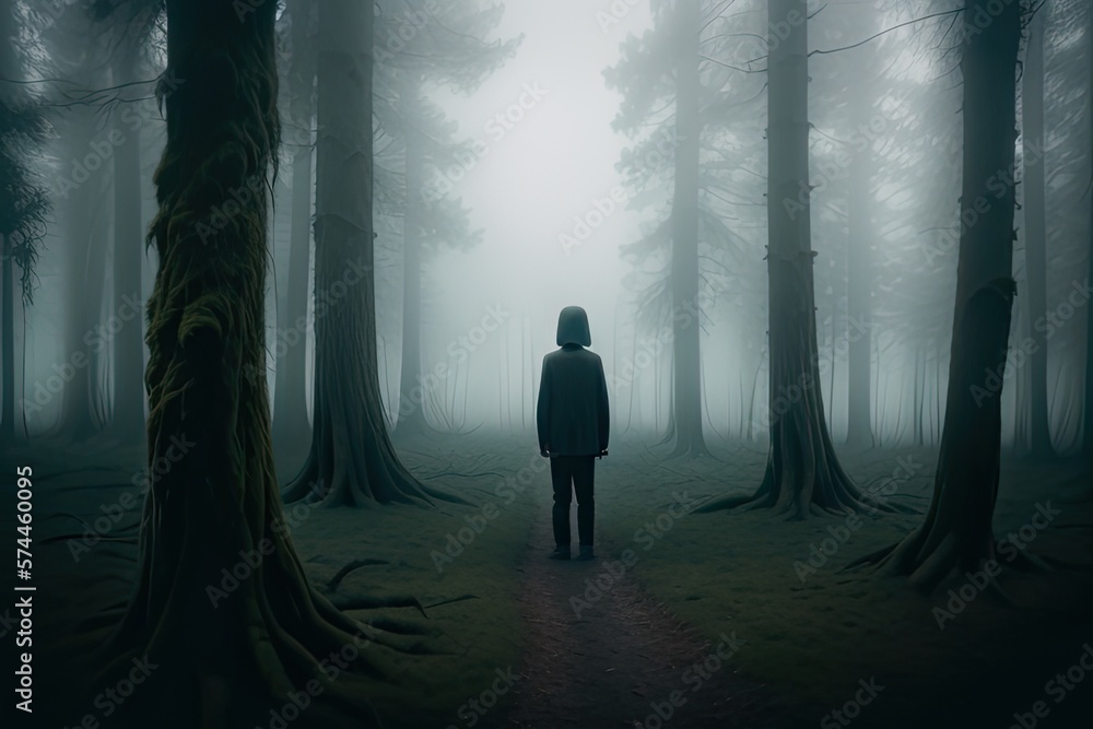 Child Walks in the Creepy Foggy Woods, Horror Concept. Generative AI.
