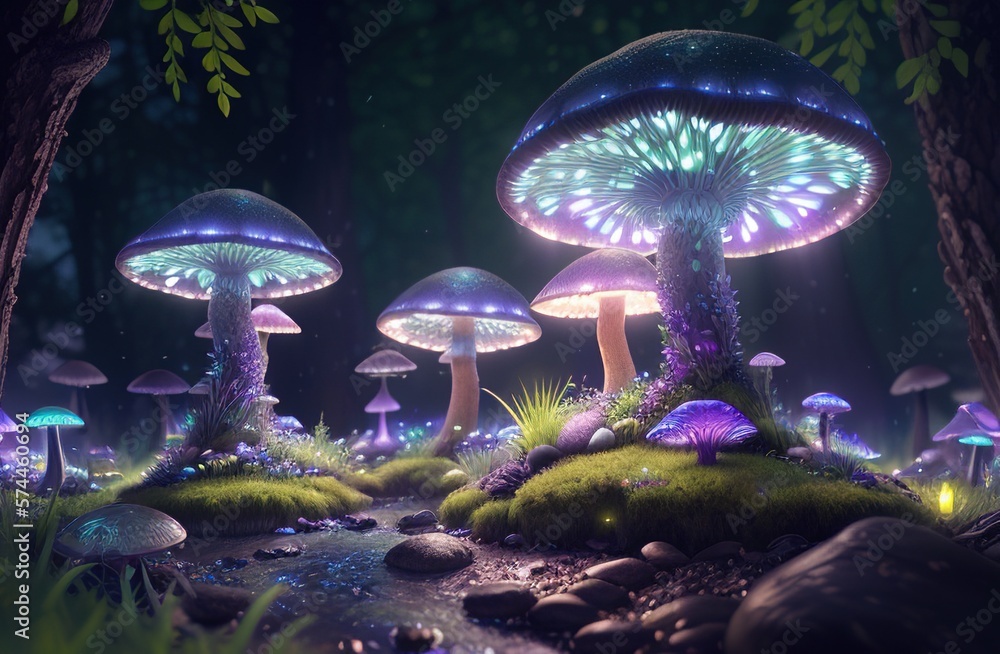Magical Glowing Mushroom Forest. Generative AI.