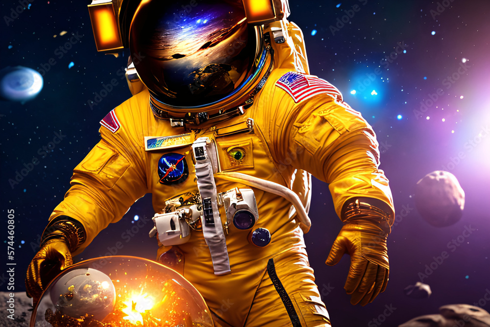 Fototapeta premium Astronaut in futuristic space suit standing near golden treasures and wealth, representing the potential of space exploration and discovery. Created with generative AI