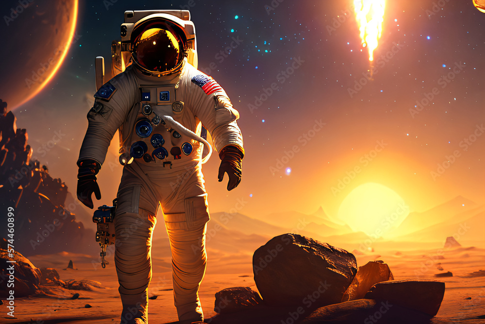 Fototapeta premium A brave astronaut taking a giant leap in an alien world. Courage, discovery, dream concept created with generative AI.