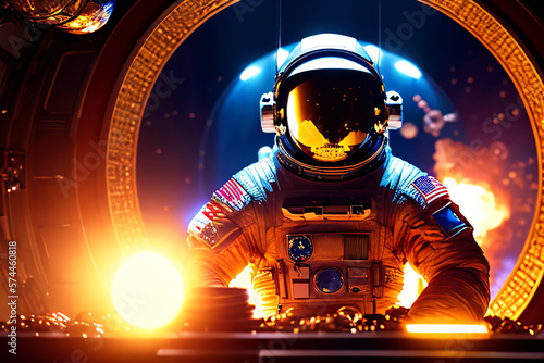 Astronaut in futuristic space suit standing near golden treasures and wealth, representing the potential of space exploration and discovery. Created with generative AI photo