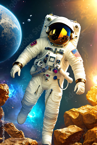 Astronaut wearing a space suit near a pile of gold, symbolizing the potential of space exploration. Futurism, Gold, Exploration concept created with generative AI. photo