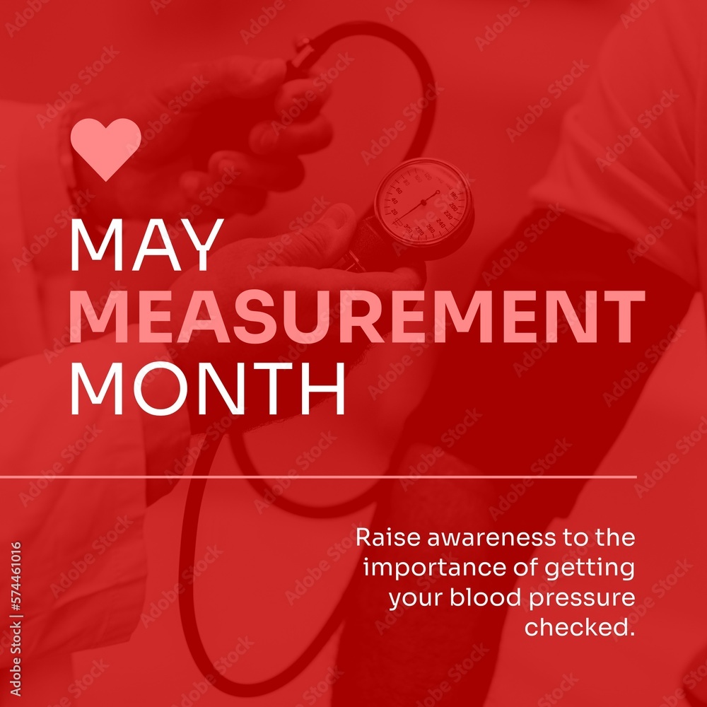 Composition of may measurement month text over doctor and patient measuring blood pressure Composition of may measurement month text over doctor and patient measuring blood pressure