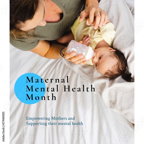 Composition of maternal mental health month text over caucasian mother feeding baby