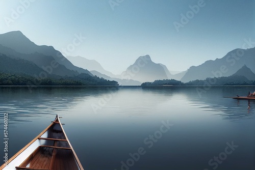 Fotografiet Digital watercolor painting of Panorama landscape rowing boats on lake with jetty against mountain background
