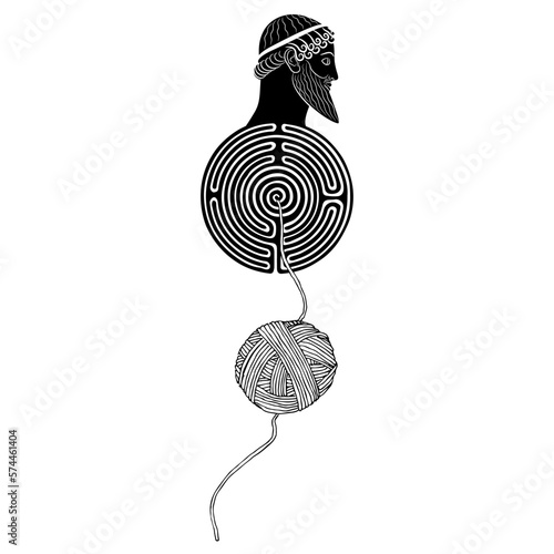 Round spiral maze or labyrinth symbol with a head of ancient Greek man or god and a yarn ball. Ariadne thread. Mythological concept. Daedalus, Theseus or king Minos. Black and white silhouette.