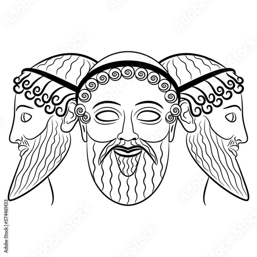 Patriarchal triad. Three heads of bearded ancient Greek gods. Zeus, Poseidon and Hades. Trimurti. Creative mythological concept. Black and white linear silhouette.