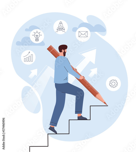 Next steps concept. Man with pencil draws himself ladder up. Self development and motivation, ambitions and career growth. Selfmade man, leadership and progress. Cartoon flat vector illustration