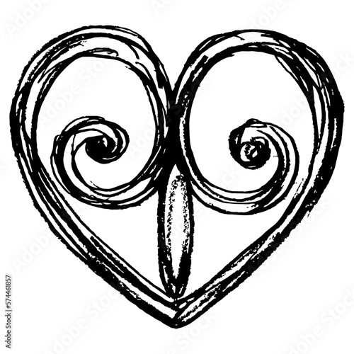 Heart symbol. Medieval design. Hand drawn linear doodle rough sketch. Black silhouette on white background. 