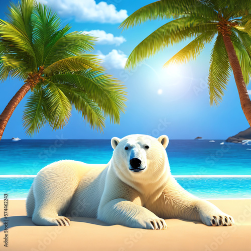 Polar bear taking a break in tropical paradise. Wildlife, environment, vacation concept created with generative AI.