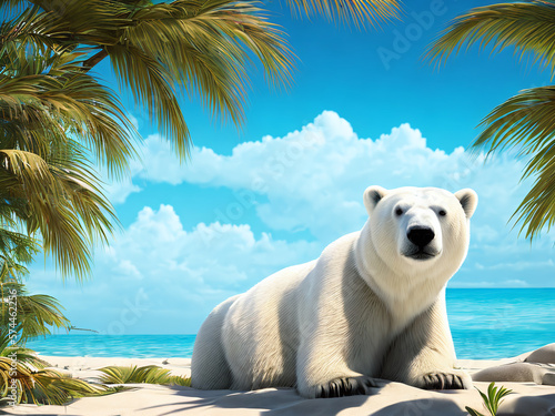 Polar bear taking a break in tropical paradise. Wildlife, environment, vacation concept created with generative AI.