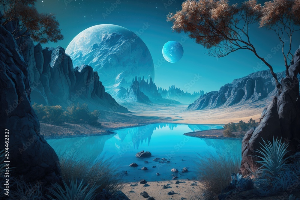 Blue exotic planet, natural landscape on exoplanet, Generative AI Blue exotic planet, natural landscape on exoplanet, Generative AI