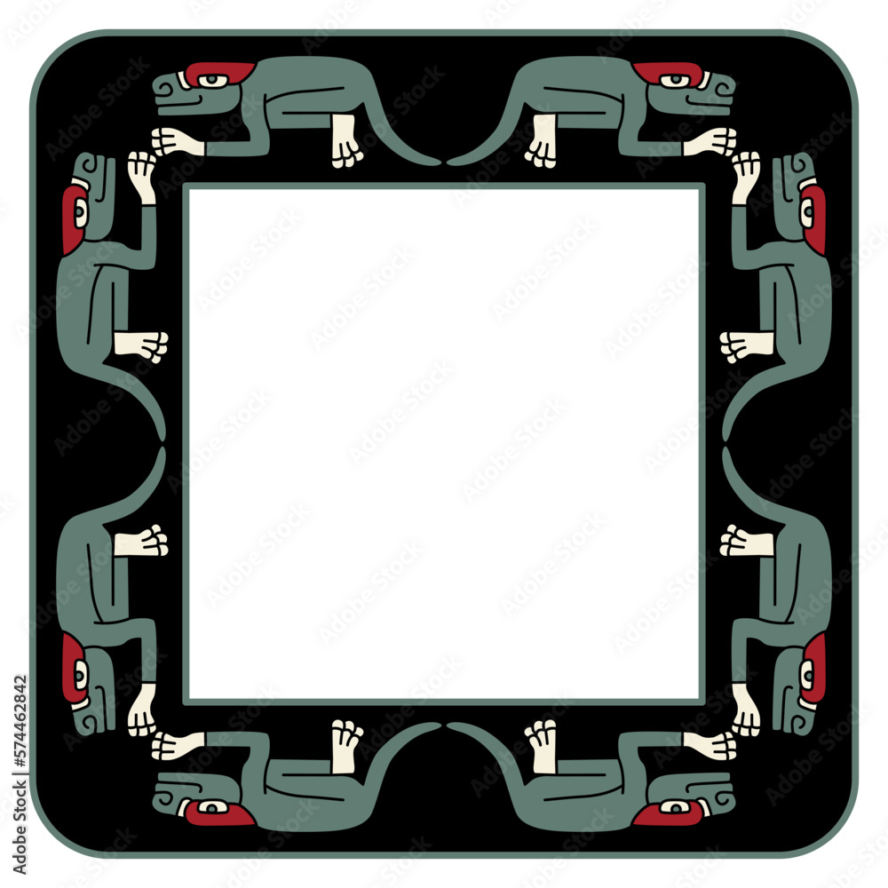 Rectangular ethnic frame with fantastic animals. Native American art of