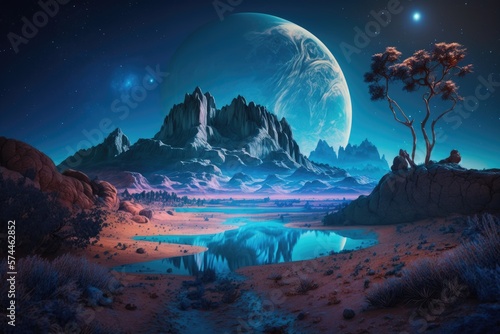 Blue exotic planet, natural landscape on exoplanet, Generative AI © Kaleb