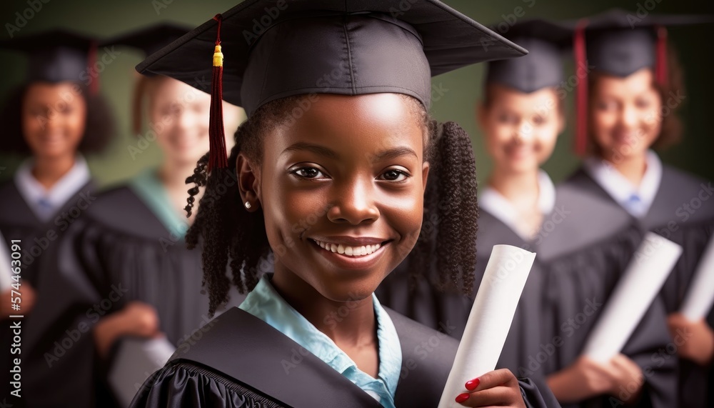 Black school girl in graduation cap and gown created with generative AI