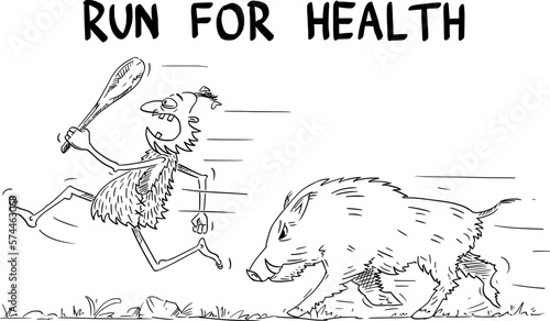 Business or Political Cartoon About Caveman Running Away Wild Boar, Vector Illustration