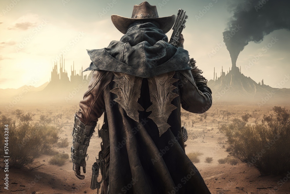 Fototapeta premium Gunslinger in post apocalyptic desert city, Survivor looking at destroyed city after apocalypse, Generative AI