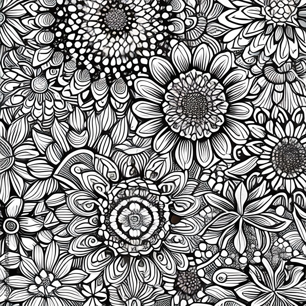  drawing of flowers, , kinetic pointillism, complex patterns, black and white color