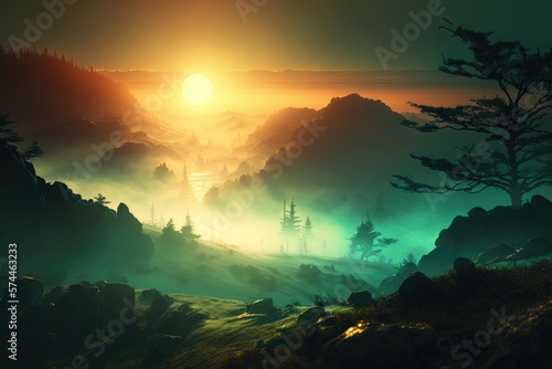 Mountains natural landscape with colorful fog, Generative AI