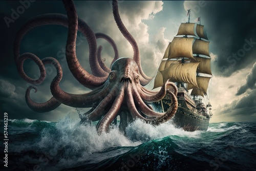 Photographie Kraken octopus attacking pirate ship on the high seas, Generative AI