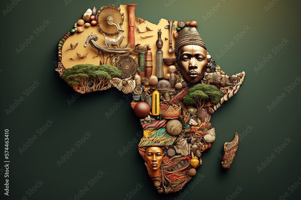 Naklejka premium Africa map mosaic, map of africa made from objects of african culture, black history, Generative AI