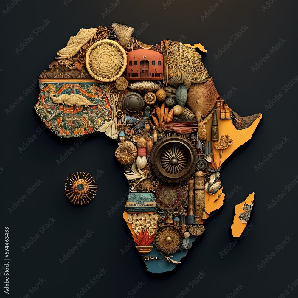Africa map mosaic, map of africa made from objects of african culture 