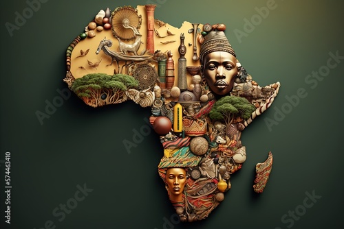 Africa map mosaic, map of africa made from objects of african culture, black history, Generative AI