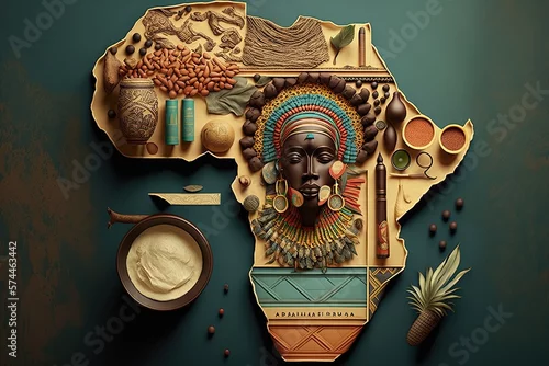 Obraz Africa map mosaic, map of africa made from objects of african culture, black history, Generative AI