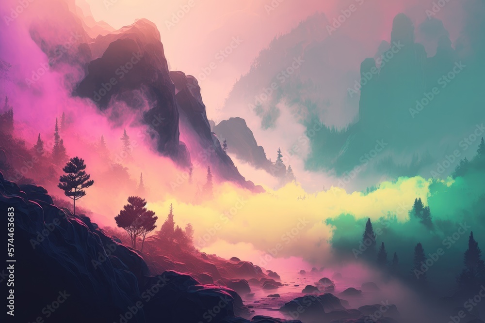 Natural landscape with colorful fog, Generative AI
