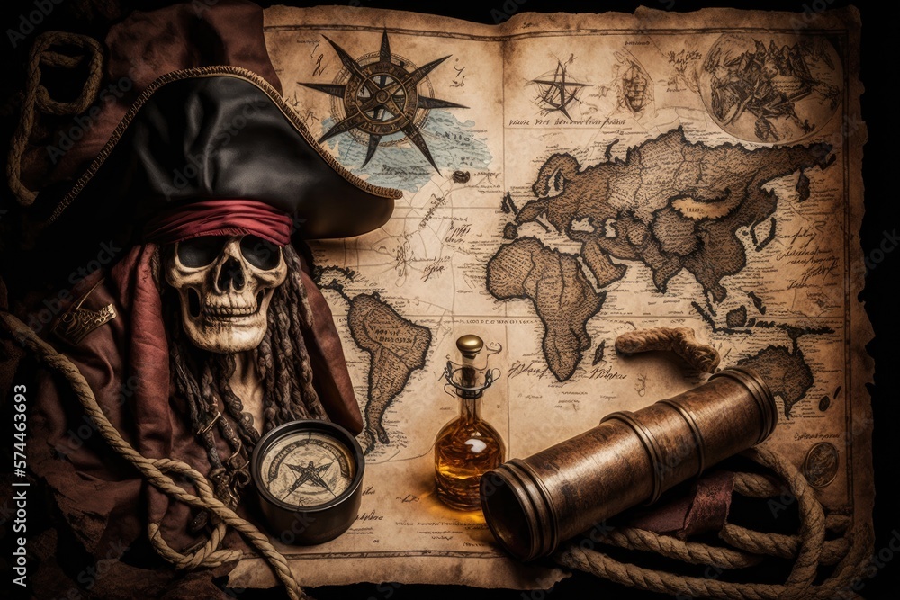 Naklejka premium Treasure map with pirate objects, Generative AI