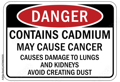 Cadmium chemical hazard sign and labels contains cadmium may cause cancer. Cause damage to lung and kidney. Avoid creating dust