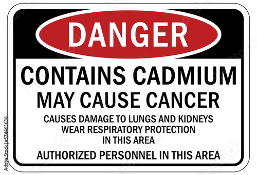 Cadmium chemical hazard sign and labels contains cadmium may cause cancer. Cause damage to lung and kidneys. Wear respiratory protection in this area. Authorized personnel only