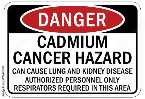 Cadmium chemical hazard sign and labels cadmium cancer hazard,  can cause lung and kidney disease. Authorized personnel only. Respirators required in this area 
