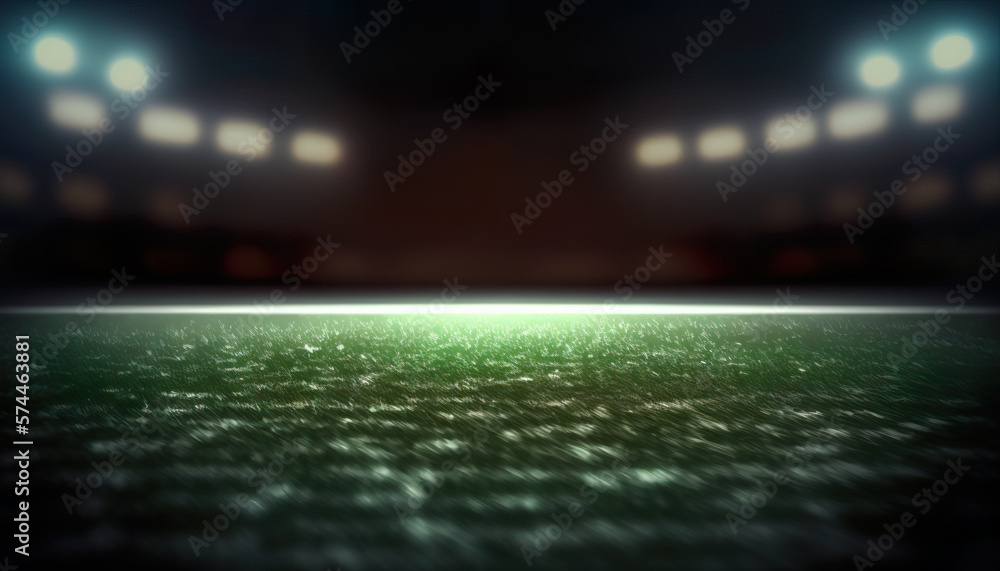 Football field blurred at night with lighting. Blurred of soccer field - ideal for presentation background. Generative AI