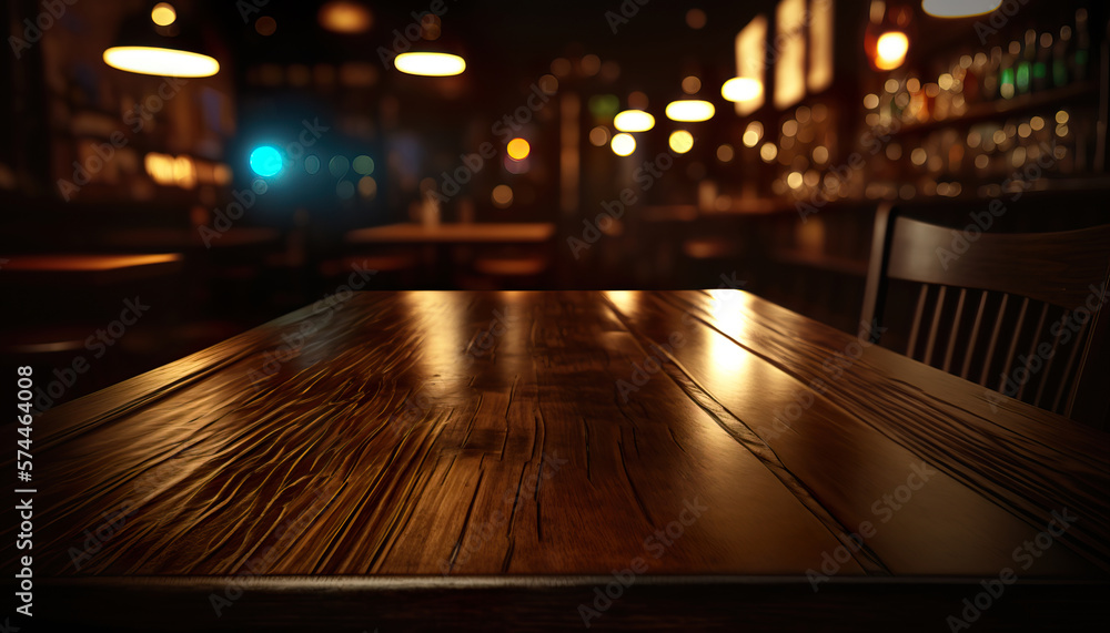 Empty real wood table top with light reflection with blurred background. Coffee or pub at night. Generative AI