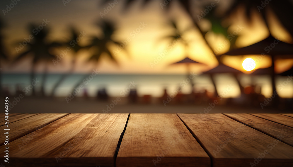 Empty wooden table top product display showcase with blurred background of tropical beach with palm trees and sea.. Generative AI