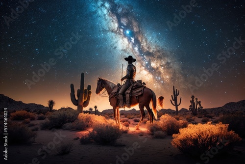 Cowboy riding a horse in the desert at night with the Milky Way in the sky, Generative AI  © Kaleb
