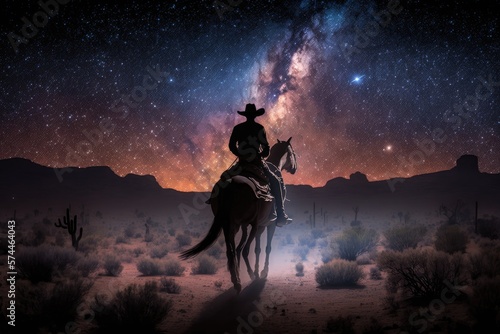 Cowboy riding a horse in the desert at night with the Milky Way in the sky, Generative AI