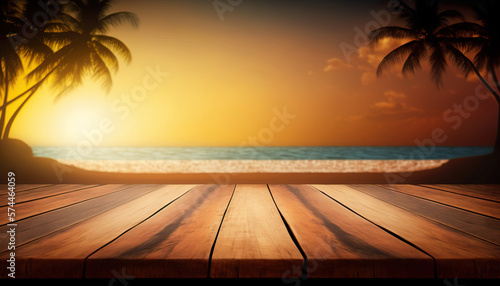 Empty wooden table top product display showcase with blurred background of tropical beach with palm trees and sea.. Generative AI