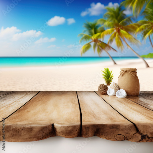 Empty wooden table top product display showcase on the tropical beach. Ideal background for product presentation. Generative AI