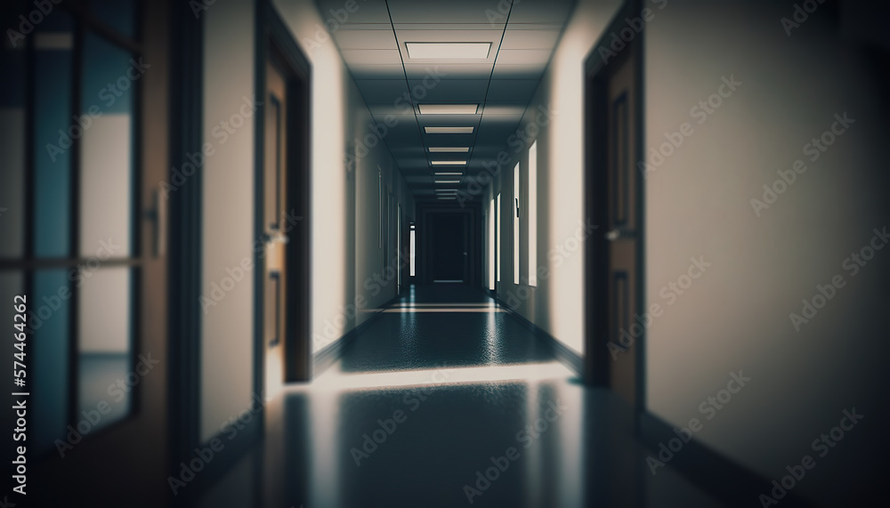 Open hotel corridor out of focus, empty hallway. Generative AI